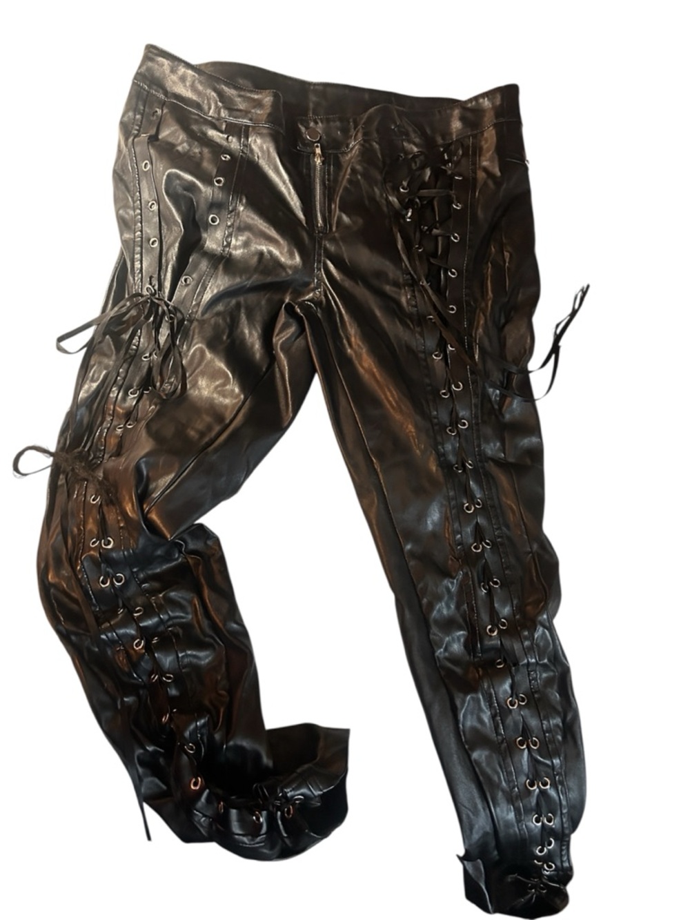 Black Lace-Up Faux Leather & Spandex Unisex Pants